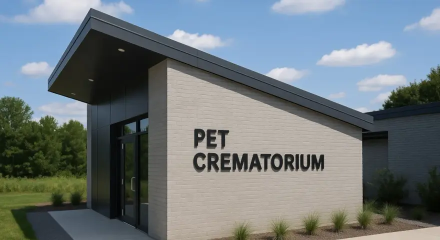 Nowoczesny budynek krematorium dla zwierząt z napisem "PET CREMATORIUM".